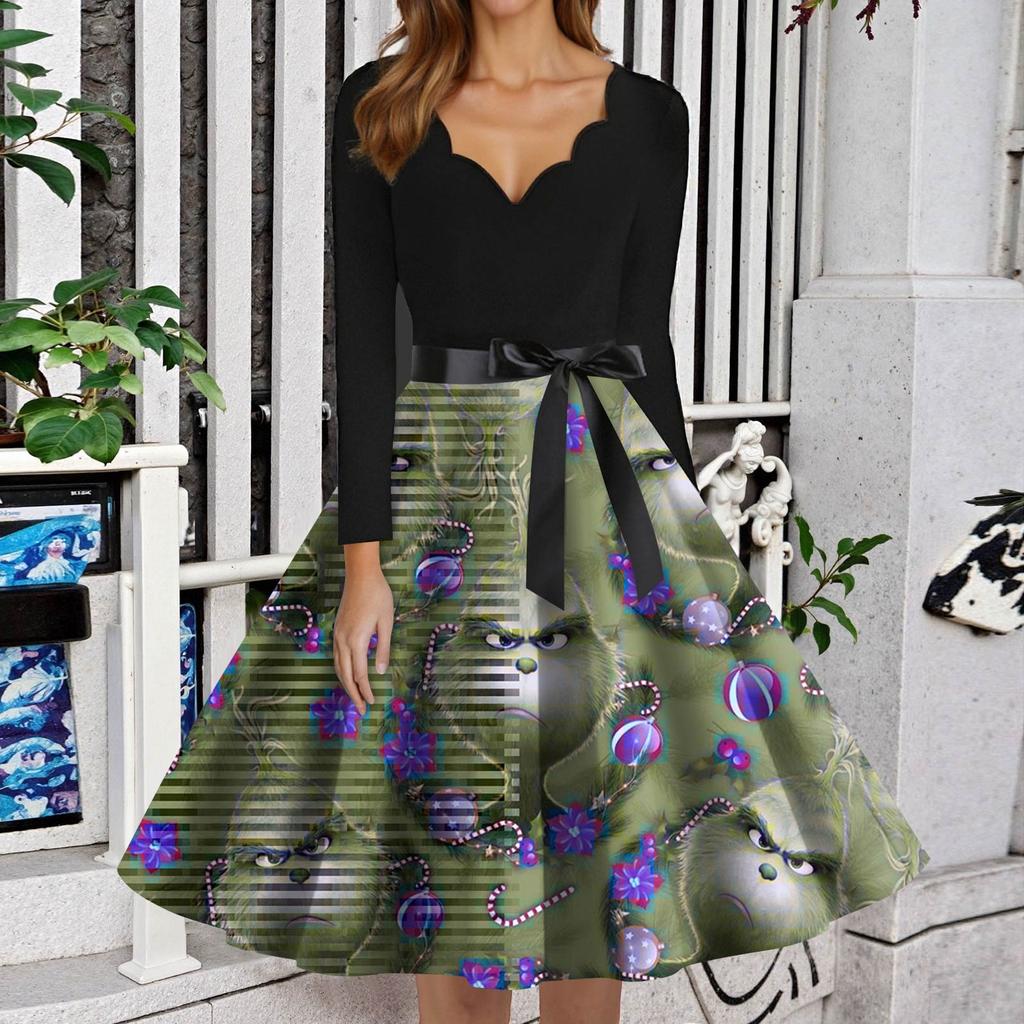 Dámské módní šaty s V výstřihem, ležérního střihu, slim-fit, s vánočním potiskem a dlouhým rukávem