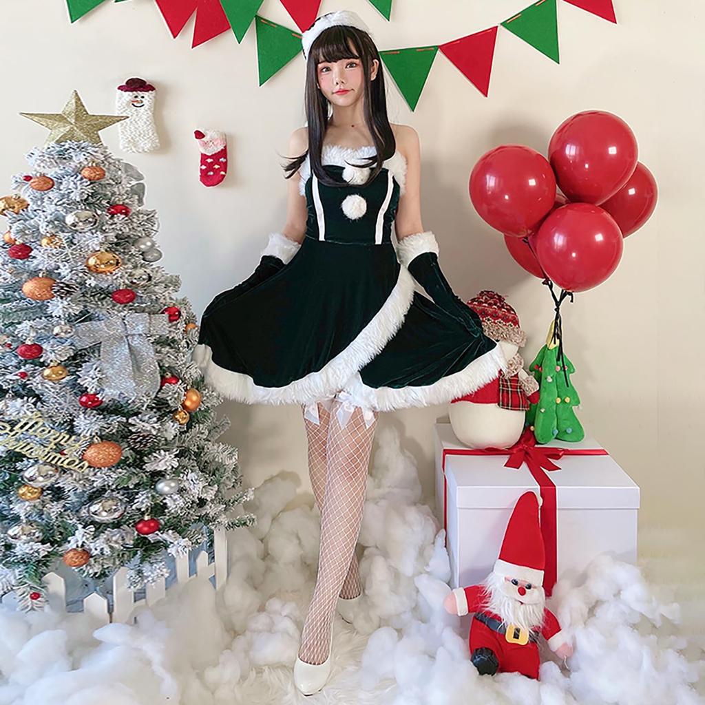 Milky Time Christmas Santa Cosplay Red and Asymmetrical Women's Dress, Green, (Green)