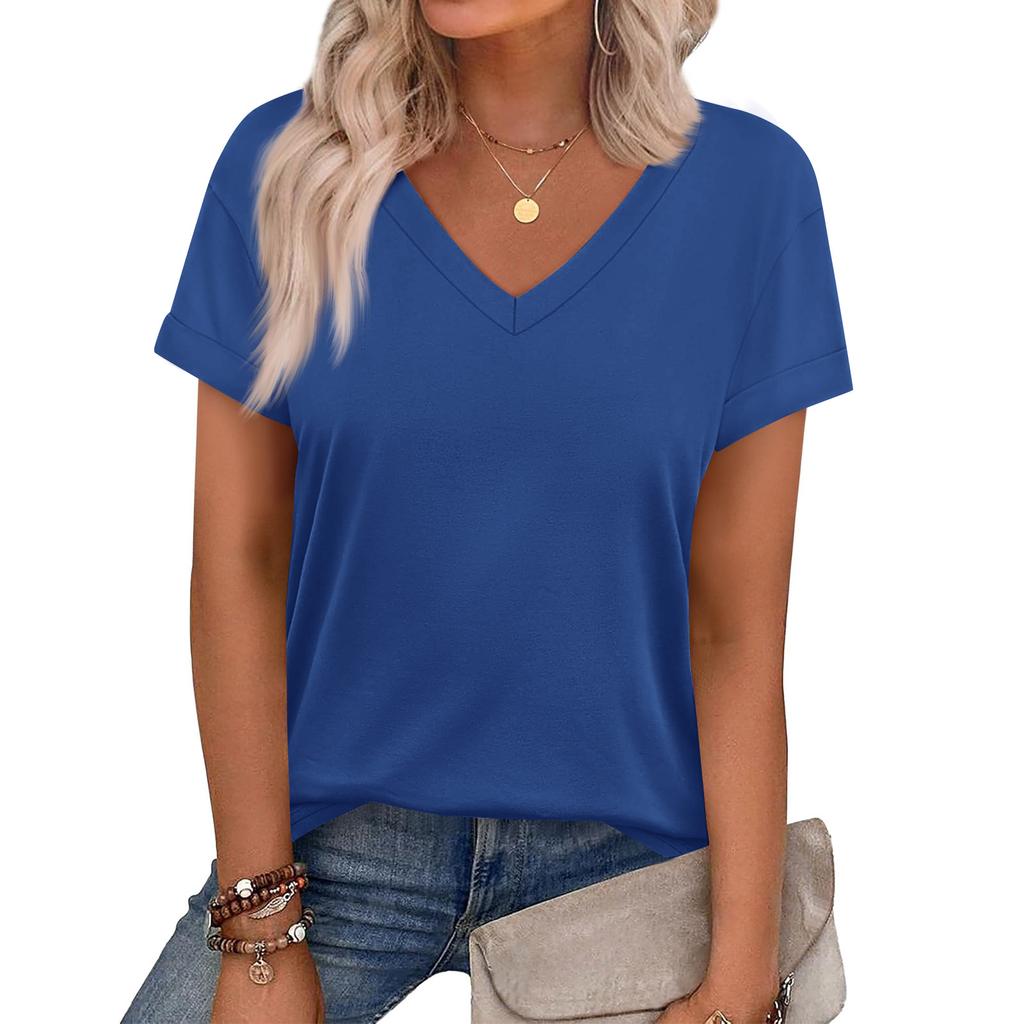 Women's Casual V Neck Short Sleeve Top Relaxed Fit Lightweight Soft Fabric Comfortable Daily Wear Summer Spring Blouse
