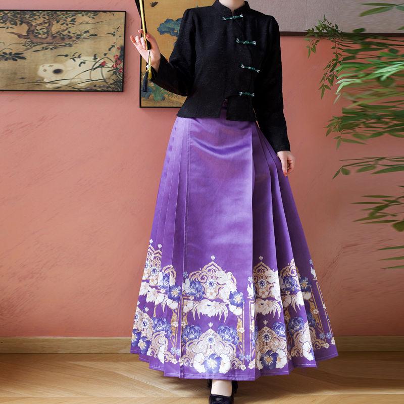 Chinese Ming Dynasty Style Hanfu For Women Stand Collar Summer Daily Printed horse-face Skirt