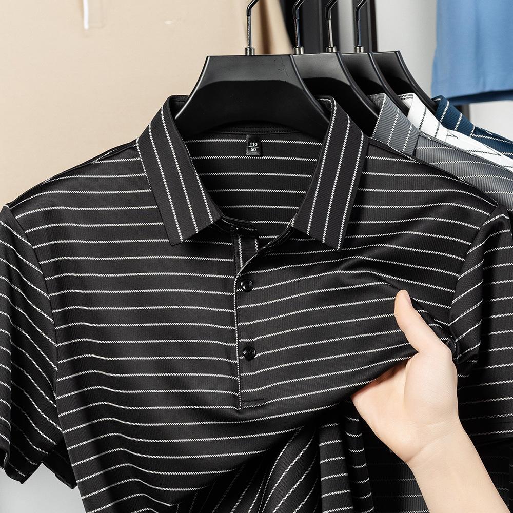 Mulberry Silk Short Sleeve T-Shirt Breathable Men'S Striped Lapel Polo Shirt Business Half Sleeve Top