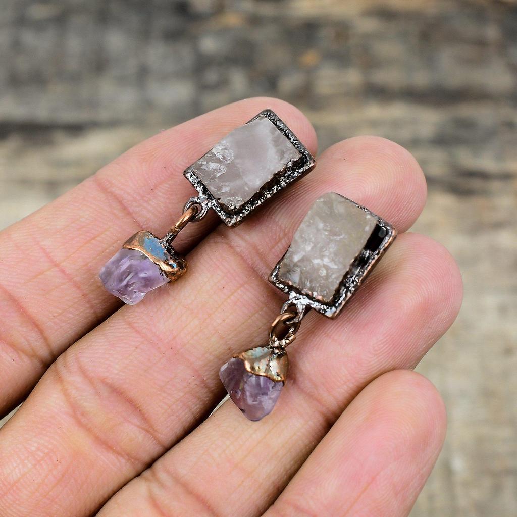 Rose Quartz Rough Earring African Amethyst Rough Gemstone Earring Electroformed Copper Earrings Handmade Electroformed Jewelry Wedding Gift