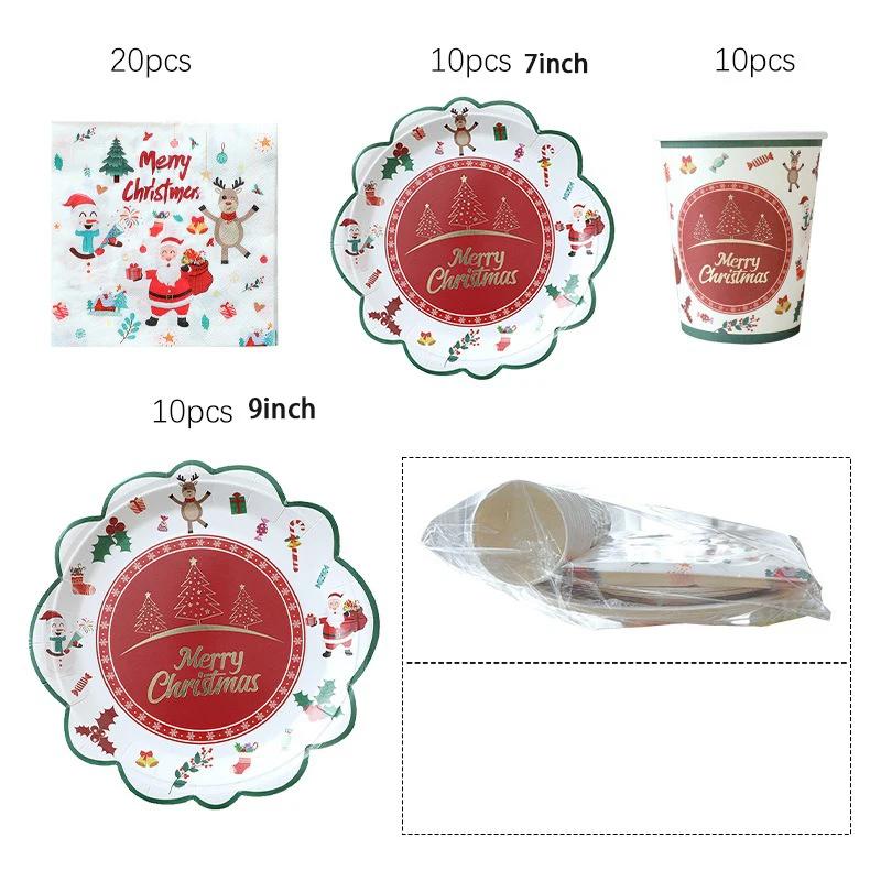 JUSTINLAU Christmas Cutlery Disposable Tableware Set Paper Plates Paper Cups Tissues Tablecloth Dining Plates Christmas Themed