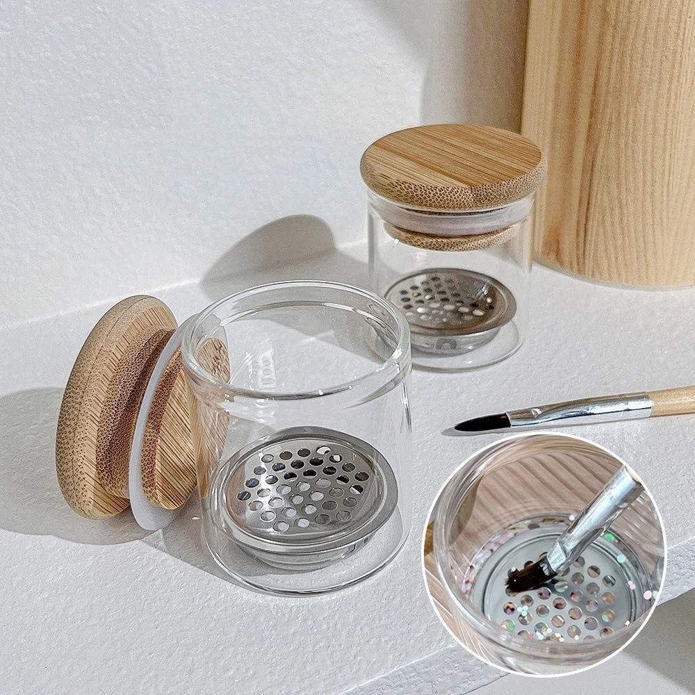 Round Nail Brush Cleaner Cup Transparent Glass Brushes Washing Cup Acrylic Brushes