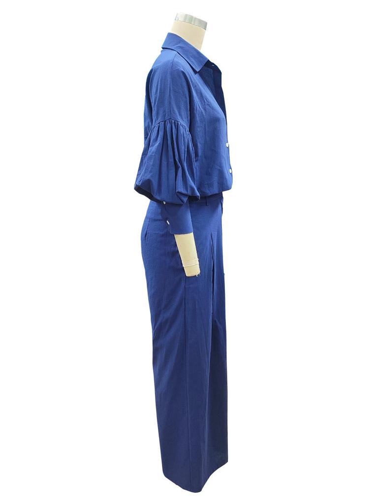 Autumn 2025 Solid Color Cotton Linen Two-Piece Set: Long Sleeve Shirt & Wide Leg Pants