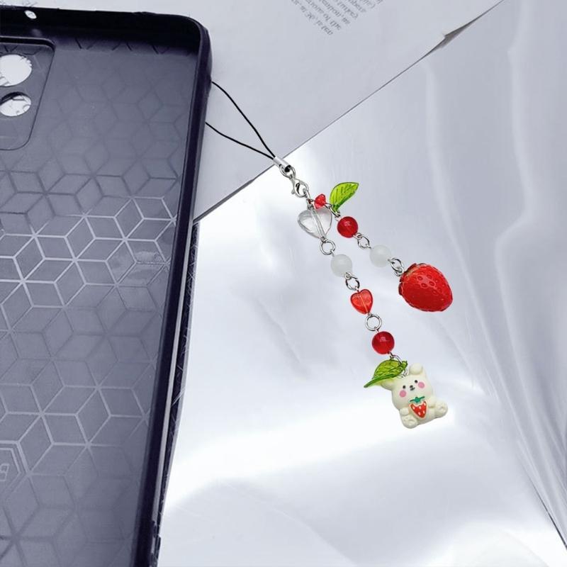 Stylish Phone Chain Strawberry Rabbit Charm Keyring Pendant Beaded Keychain
