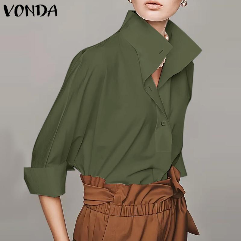 VONDA Женская модная однотонная рубашка со средним рукавом и пуговицами 5XL розовый — фото 3