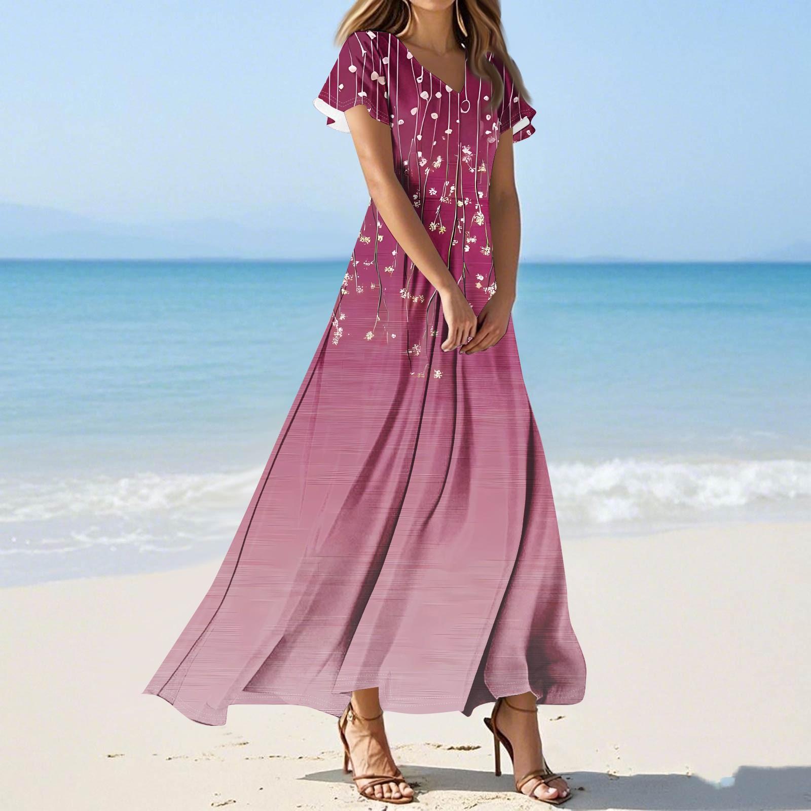 

Женские повседневные модные длинные платья с принтом, платья с V-образным вырезом и коротким рукавом M винный