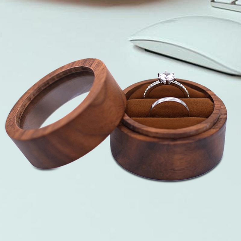 Wooden Wedding Ring Box Round Engagement Ring Holder Elegant Jewelry Storage Box Retro Ring Stand For Proposal Birthday