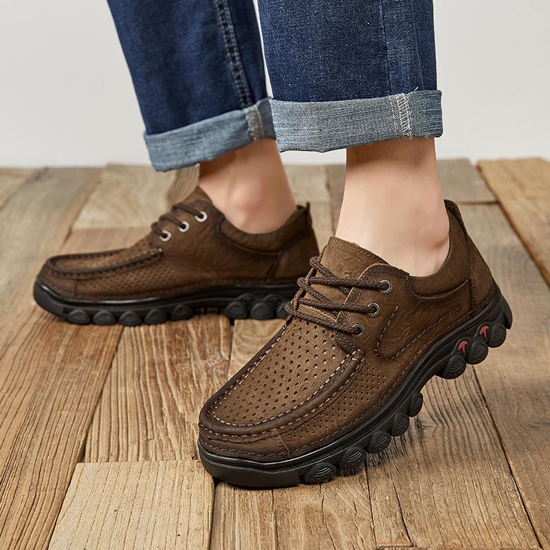 Fashion Summer Outdoor Oxford Shoe Quality Men Classic Thick Soled Male Sneakers Shoes Punching Genuine Leather Comfortable Casual Shoes