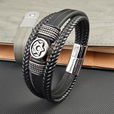 Men's Hexagon Star Multi-layer Leather Bracelet Stainless Steel Magnet Luxury Fashion Bangle Accessory Father's Day Gift