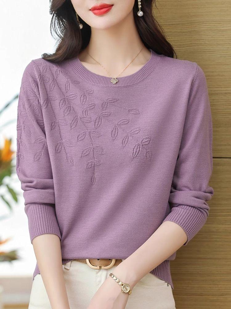 Embroidered Round Neck Knitted Sweater Women's Long Sleeve Autumn Winter New Fashion Slimming Design Base Layer Top