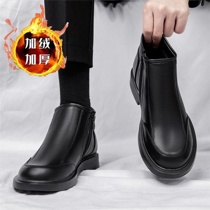 Chelsea Boots Men's 2025 Winter Fleece Leather Martin Boots Men's British Style Side Zipper Low Top Short Boots Tide