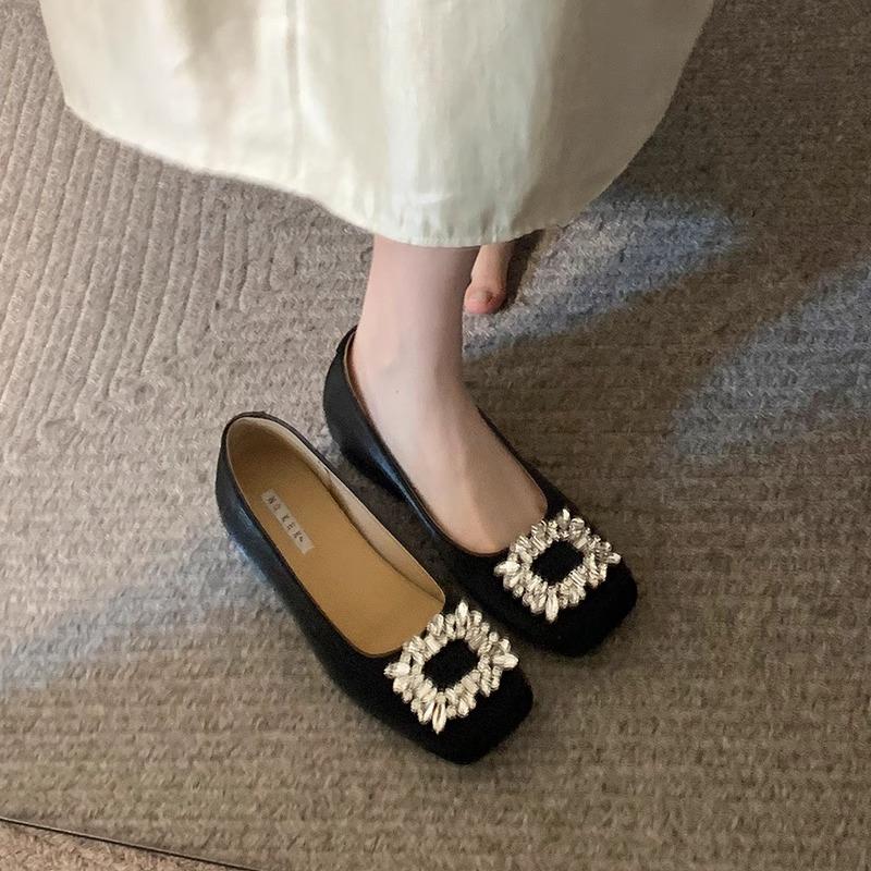 

Lan Cabinet temperament rhinestone square buckle single shoes fairy shoes 2025 Korean version inner height increase one pedal commuting Mary Jane shoe 40 чёрный