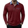 Mens Casual Long Sleeve Polo Shirts Contrast Lapel Button T Shirt with Chest Pocket Solid Color Daily Business Tops