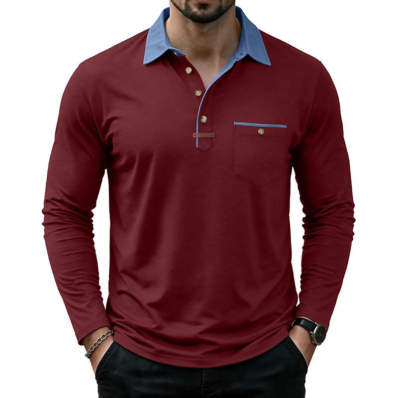 Mens Casual Long Sleeve Polo Shirts Contrast Lapel Button T Shirt with Chest Pocket Solid Color Daily Business Tops