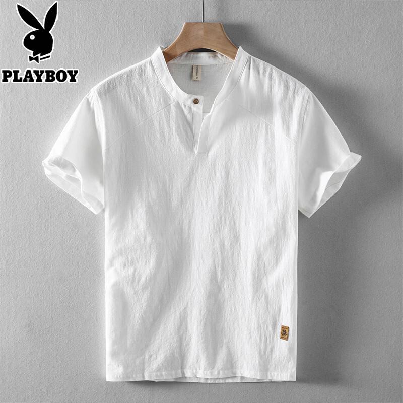 PLAYBOY Men s Pure Cotton Short Sleeve Stand Collar Shirt L белый