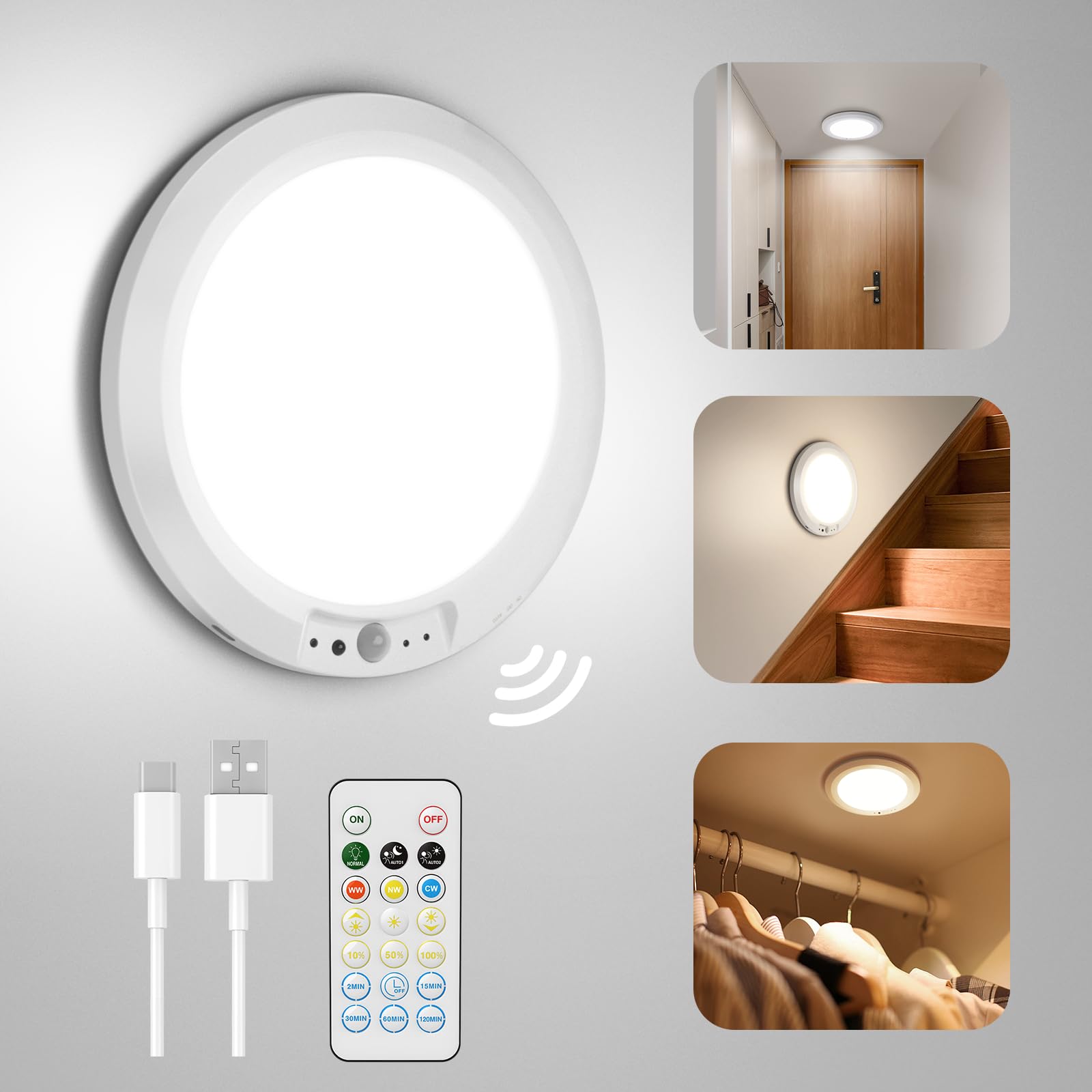 

Светодиодный светильник с датчиком движения для помещений, перезаряжаемый через Type-C, с регулировкой яркости и цвета, компактный, 12 Вт, 2000 лм, 5-уровневый таймер, функция памяти,