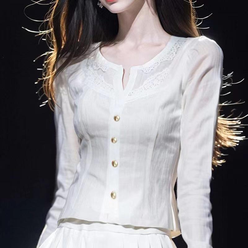 Women s Autumn Lace Shirt - Stylish, High-End, Waist-Cinching, Long Sleeve Top 3XL белый
