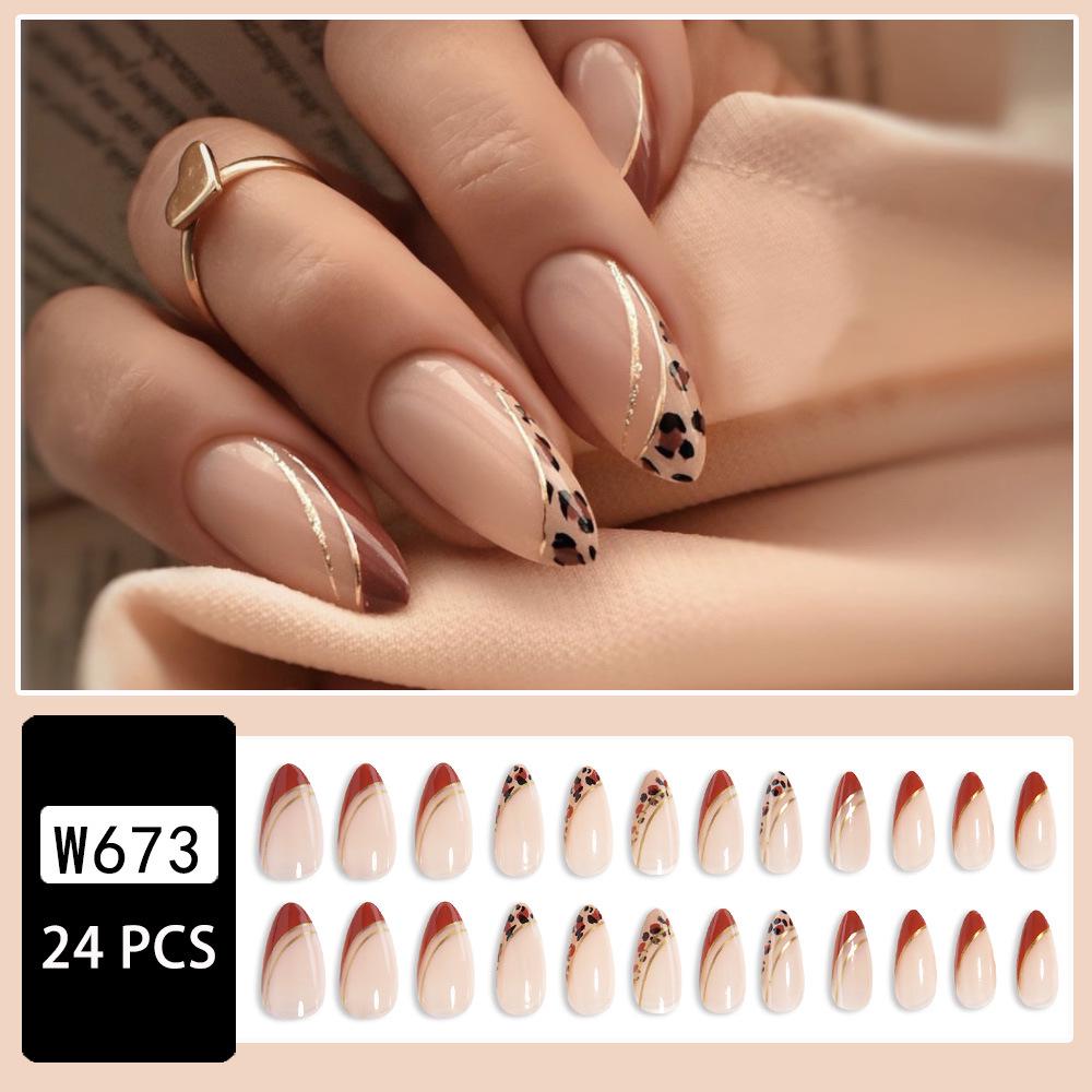 Almond-Shaped Gold French & Coffee Leopard Print Nail Stickers