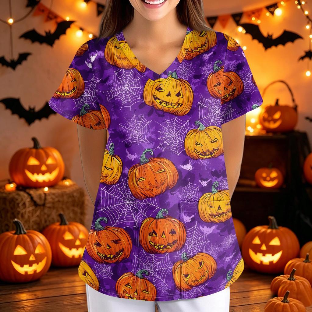 Halloween Print Loose Fit V Neck Short Sleeve Medical Scrub Top with Pockets for Women Nurses Caregivers Workwear