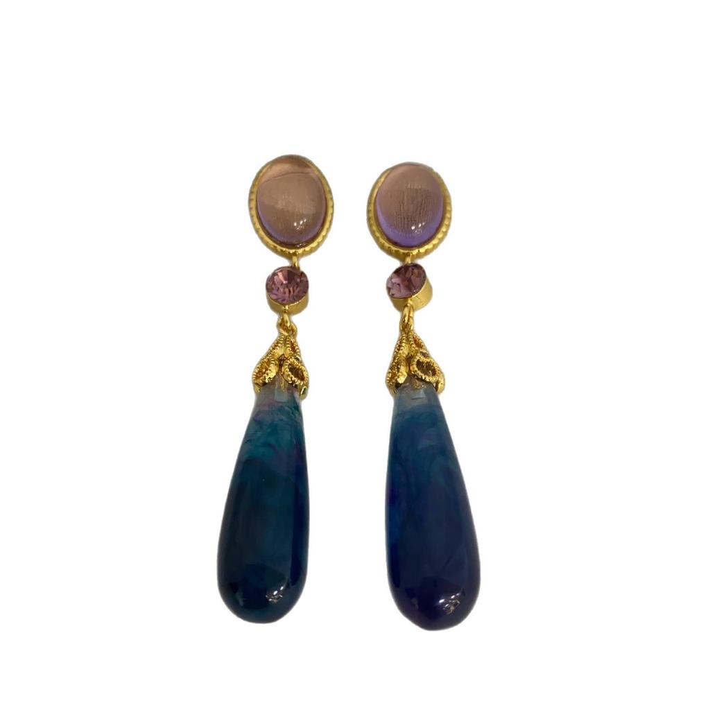 Niche Unique Diamond-Encrusted Resin Water Drop Earrings Retro Light Luxury Long Earrings Niche Design Medium Antique Earrings Women