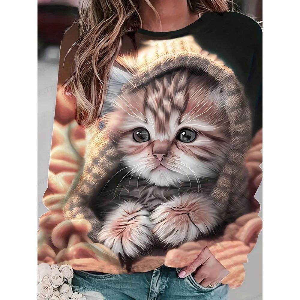 Daily casual 3D cute cat printed women's fashionable round neck long sleeved T-shirt