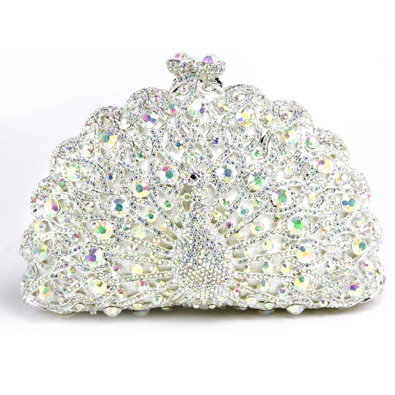 

Silver Peacock Shape Wedding Evening Clutch Bags Luxury Diamond Rhinestone Women’s Party Prom Mini Minaudiere Female Purse 17cmX11cmX6cm