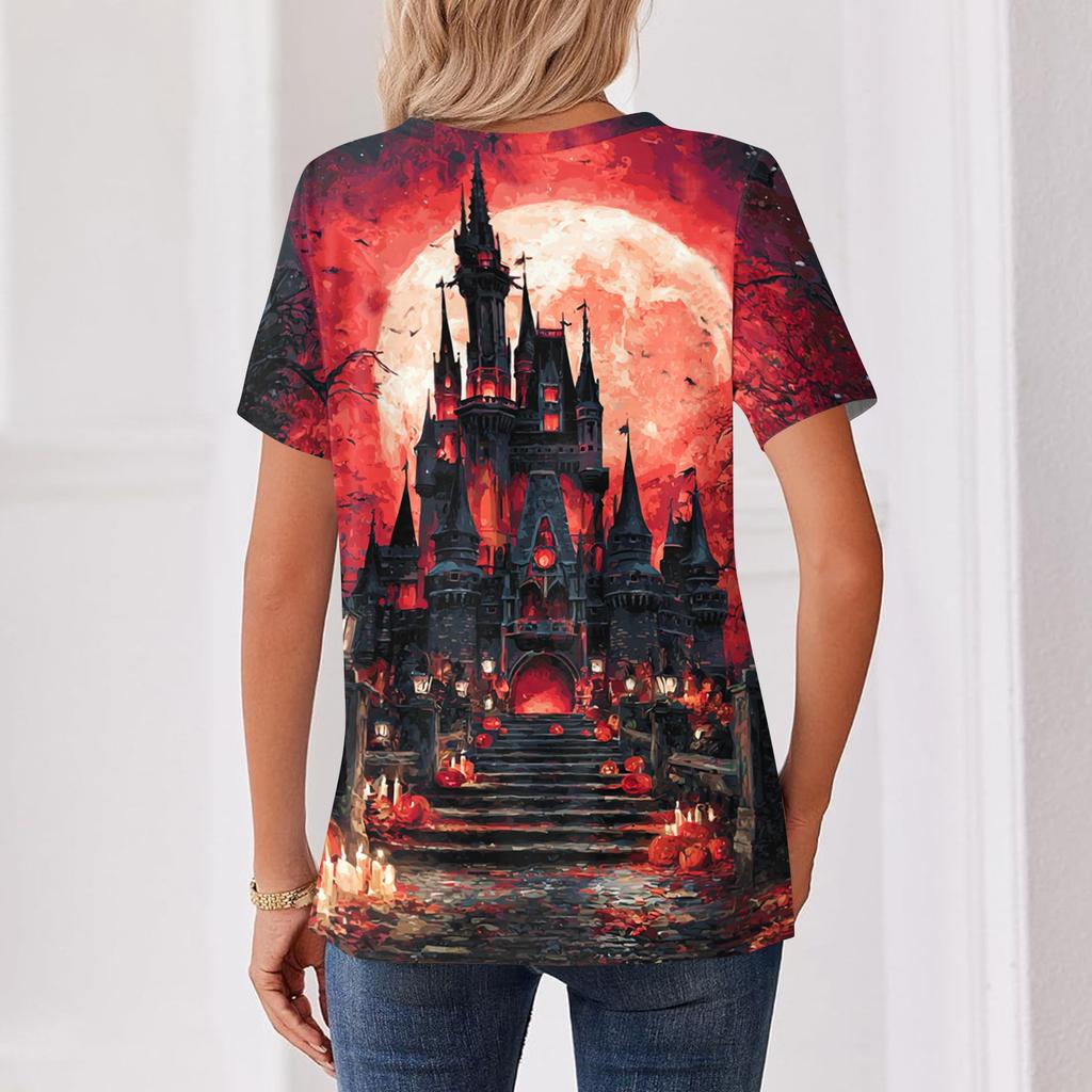 Women's Halloween Printed V-Neck Short Sleeve T-Shirt with Decorative Buttons Casual Top