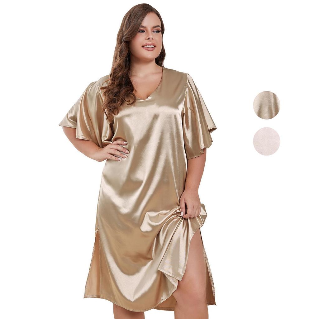 Women’s Nightgowns Simulation Silk Plus Size Sleepshirts Short Sleeves Satin Sleep Lounge Wear Large Pajamas Dresses 1XL-4XL Home Clothing KTB
