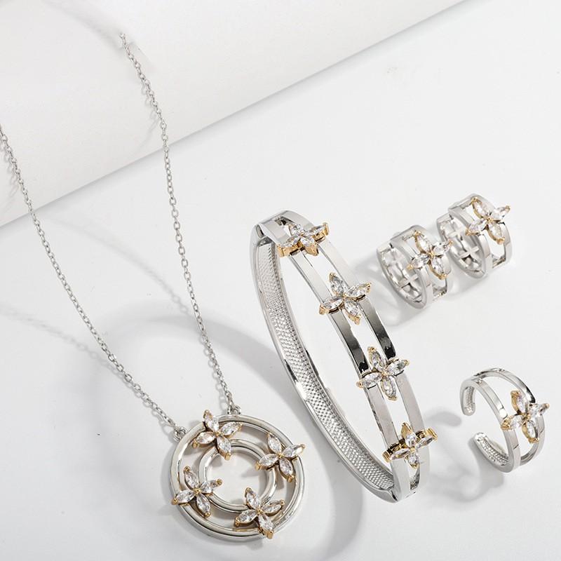 4-Piece Clover Jewelry Set Women Gold Or Tone Zirconia Inlaid Necklace Earrings Bracelet Ring Fashion OL Style