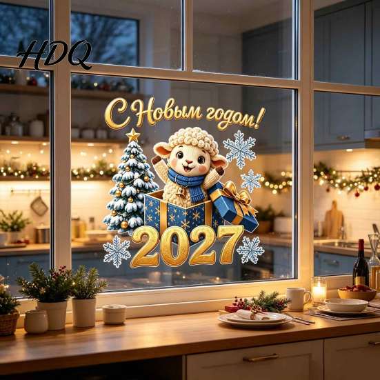 Removable Window Film for Home Russian New Year Sheep Cling 2027 PVC Static Sticker with Scratch Resistant Bathroom Decals Tree and Snowflake