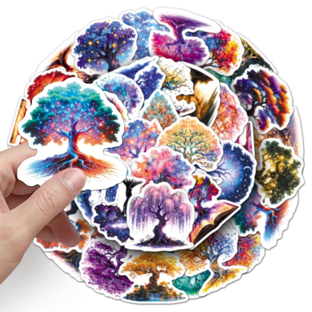 50 PCS Luminous Tree of Life Stickers: Colorful Cartoon Decor for Journals, Water Bottles, Storage Boxes & Stationery