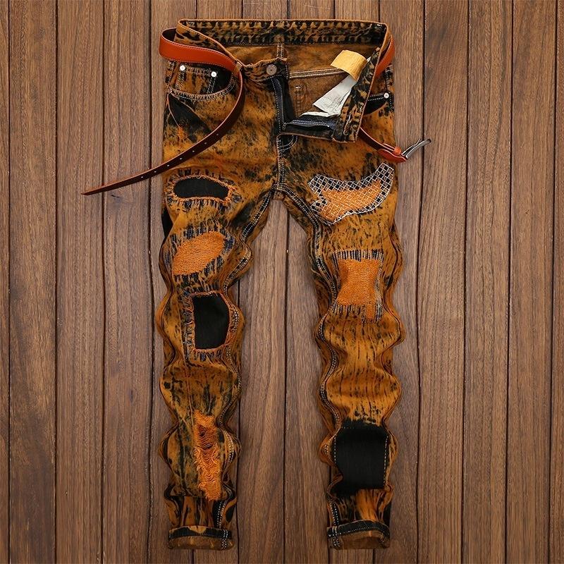 

Men Retro Jeans Fashion Personality Hole Patch Slim Straight Jeans Pants for Male Plug Size 3 Colors 28 жёлтый