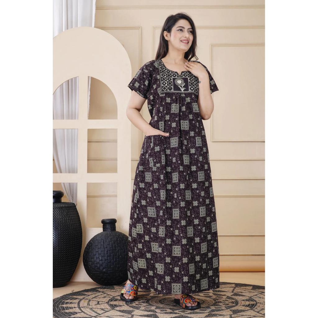 Designer Cotton Embroidery Nighty Indian Women Sleepwear Nightwear Gown Dress
