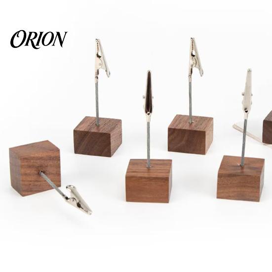 Wooden Note Clip Cube Memo Stand, Display Solid Wood Square Base Photo Card Holder, Vertical Receipt Holder for Wedding Party or Office Document Stand