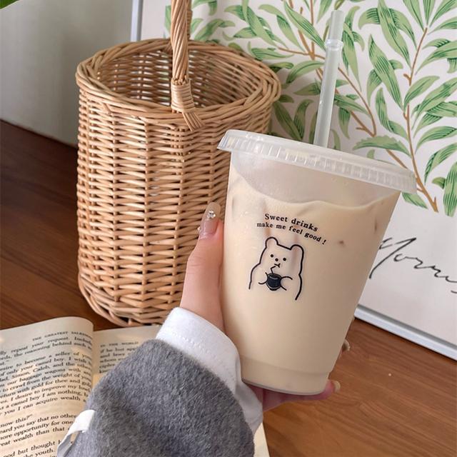 Cute Water Bottle With Straw Lid Kawaii Plastic Water Cups For Coffee Juice Milk Tea Portable Reusable Drinking Bottle BPA Free