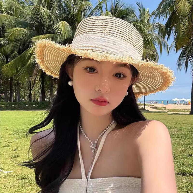 Summer New Seaside Sun Hat Breathable Sunscreen Hat Large Brim Bucket Hat Foldable French Lace Straw Hat