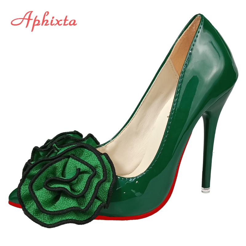 Fashion Aphixta Dark Green 12cm Stiletto Heels Women Pumps Rose Flowers Appliques Work Student Size Colorful Party Shoes Big Size 33-50