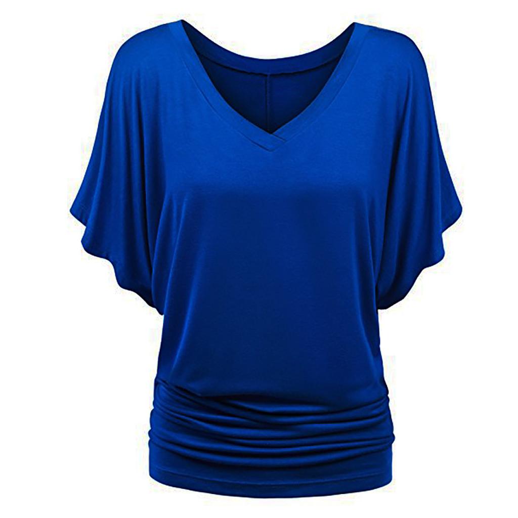 Large Size Top Women's Solid Loose Bat Sleeve V-neck Short Sleeve T-shirt