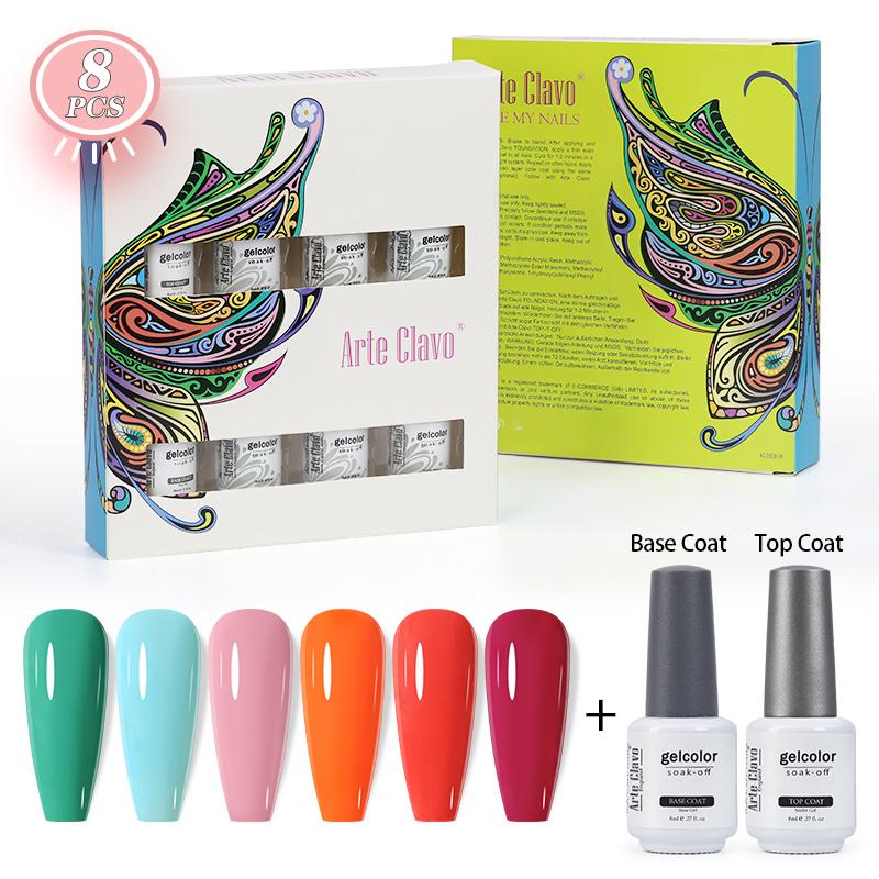 Arte Clavo 8 Bottles/set High Quality Glitter Gel Nail Polish For Manicure T Nail Art Gel Varnish Top Base Coat Lacquer