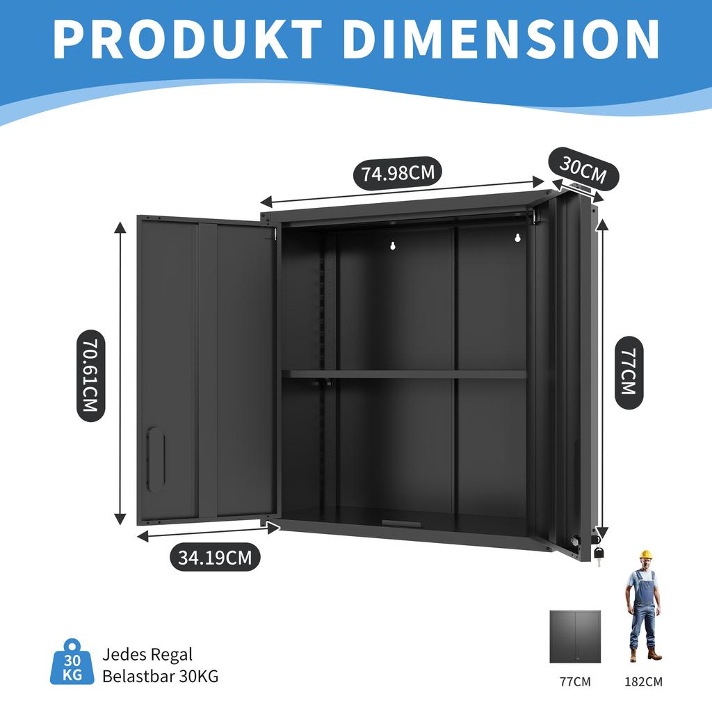 Metal Wall Cabinet with Door Lock & Shelf - Ideal for Garage, Workshop & Office - No Wood, No Formaldehyde, H77 cm × W75 cm × D30 cm