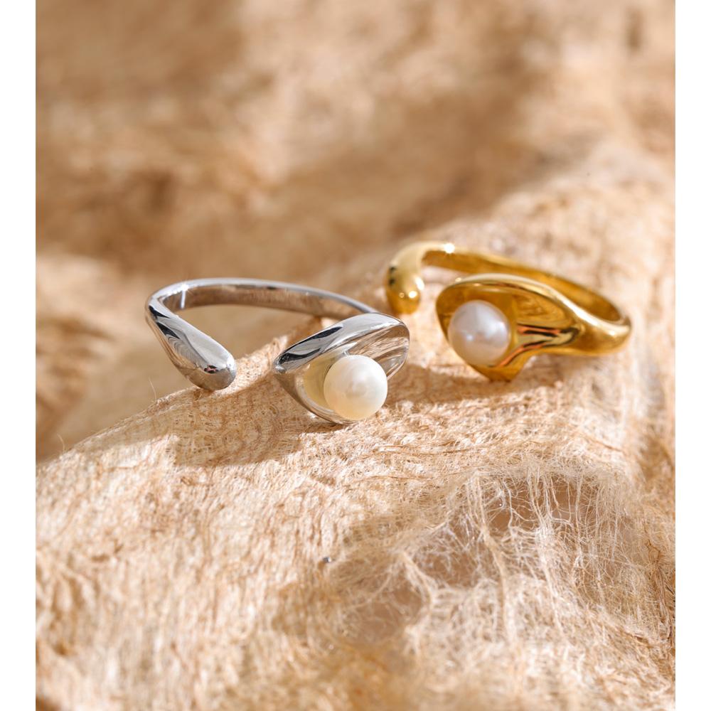 Yhpup New Stainless Steel Imitation Pearl Adjustable Ring Prevent Allergy Metal PVD Plated Chic Fashion Finger Jewelry Recommend