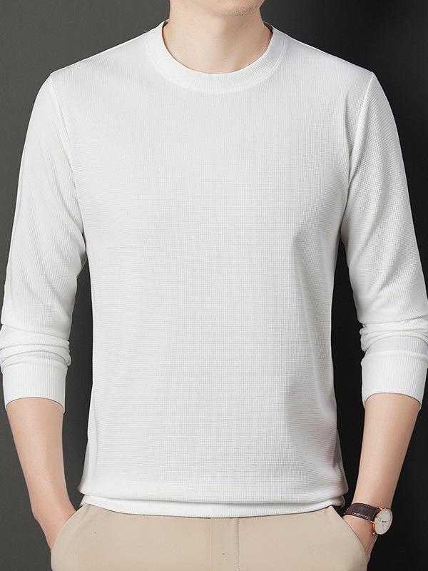 Men's Waffle Knit Long-Sleeve Hoodie - Solid Color Versatile Round Neck T-Shirt for Spring and Autumn