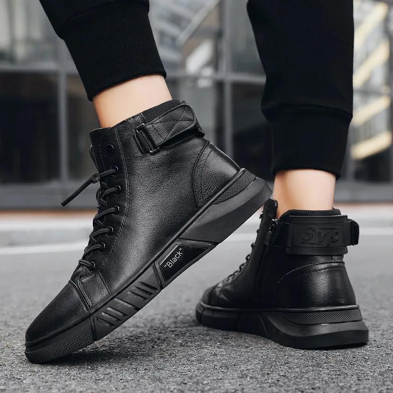 Ankle Boots Men Black PU Leather Shoes Autumn Winter Comfortable Platform Casual Shoes High-top  Fashion Leahter Boots Man