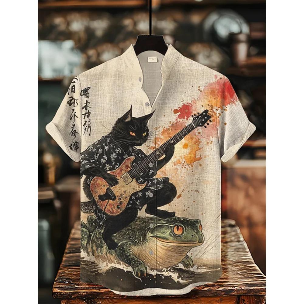 Men's Short-sleeved Shirt with Cat and Dinosaur Print, Casual and Stylish Vacation-style Men's Top, Fashionable Hawaiian Design.