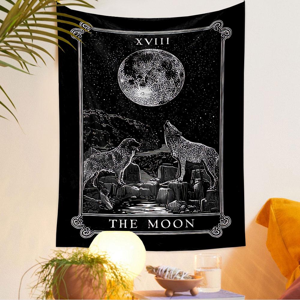 The Moon Tarot Card XVIII Tapestry Wall Hanging, Mystical Moon Card Art, Bohemian Wall Decor for Bedroom Living Room