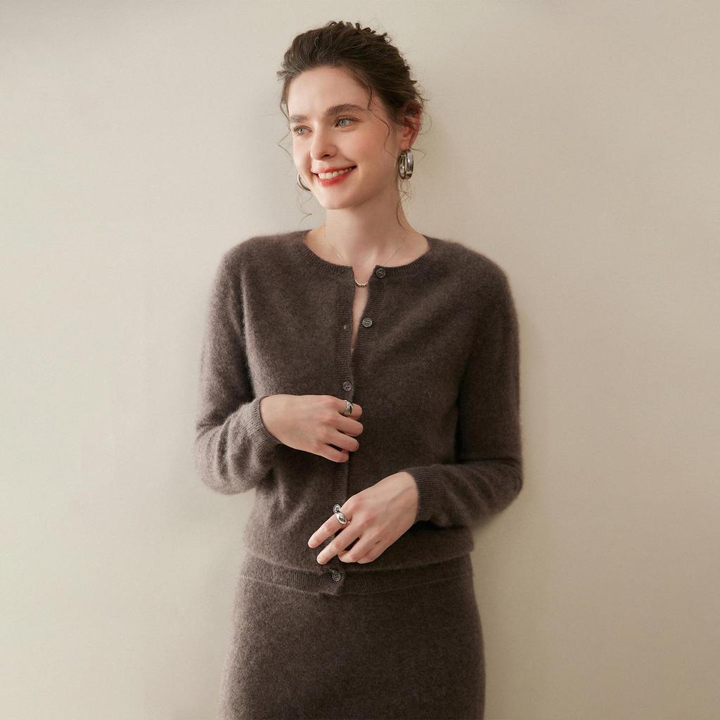 Leka Sha 100% Cashmere Women's Round Neck Single-Breasted Cardigan Jacket