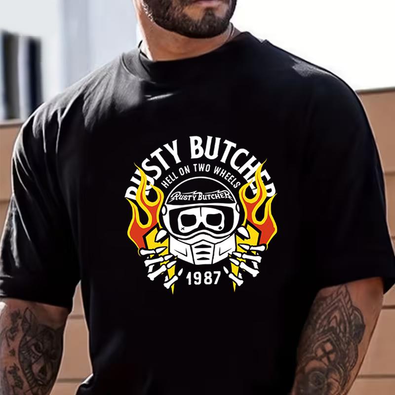 MotorcycleTshirt RustyButcher Biker American Vintage Ride West Coast Short Sleeve Grab Cotton Tshirt 4XL
