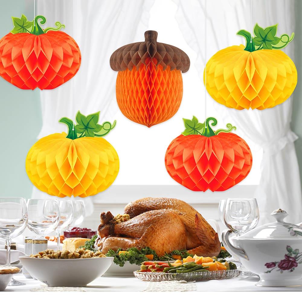 3Pcs/set Pumpkin Chestnut 3D Honeycomb Pendant Thanksgiving Halloween Party Decoration Honeycomb Pendant Autumn Harvest Festival